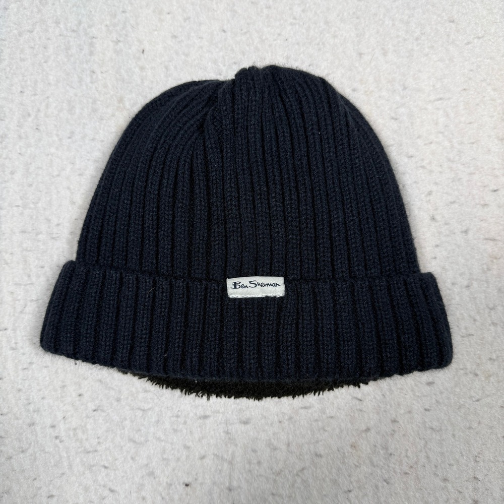 Ben Sherman Mens Navy Blue Ribbed Knit Faux Fur Lined Beanie Hat BSH3P587
